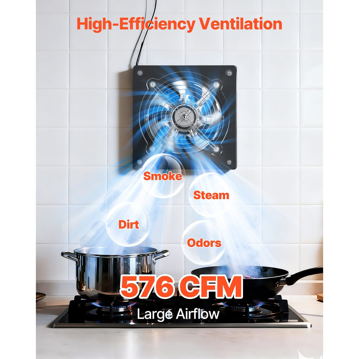 8 Inch Exhaust Fan, 576 CFM High Velocity Wall Mount Vent Fan with On/Off Control, Low Consumption, Portable Ventilation Extractor for Attic,Garage,Basement,Workshop,Kitchen, Chicken Coop,Black