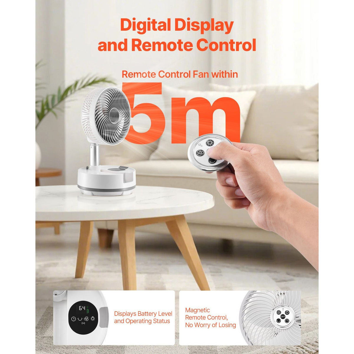 8 inch Portable Foldable Rechargeable Oscillating Fan, 3-in-1 Battery Operated with Remote Control, Quiet Desk/Table Pedestal Fan, 8 Speeds,90-degree Auto Left/Right Rotation