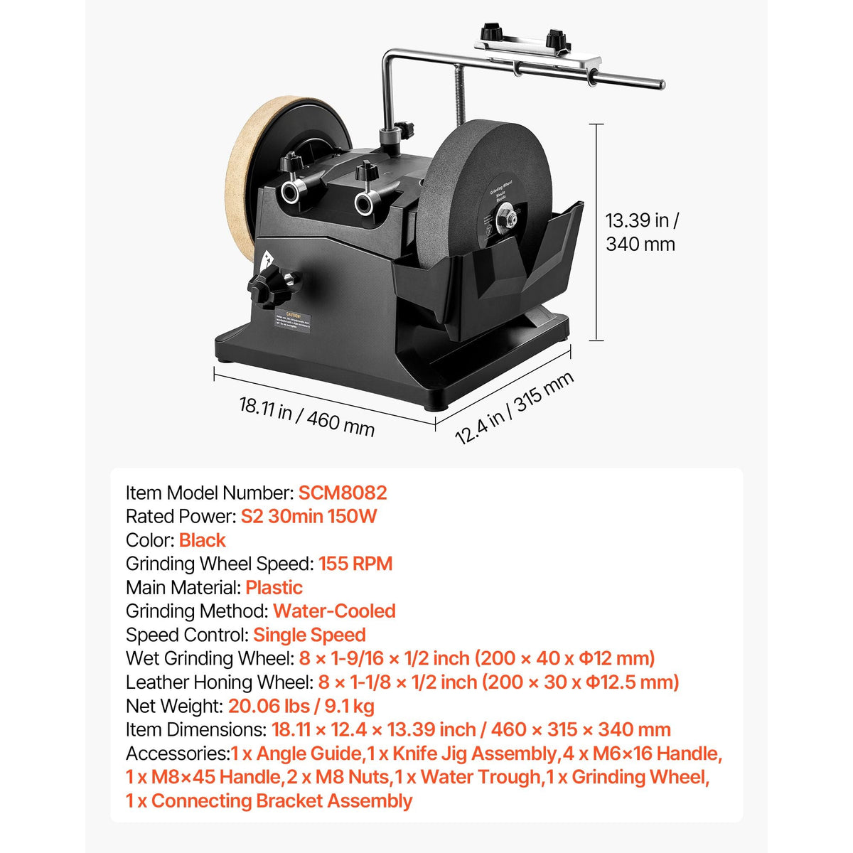 8-Inch Wet Sharpening System, Water-Cooled Knife Grinder Machine with 155 RPM Grinding Speed, Vertical/Horizontal Two-Direction Wet Stone Grinder, Wet Bench Grinder for Knife, Chisel, Knife, Axe