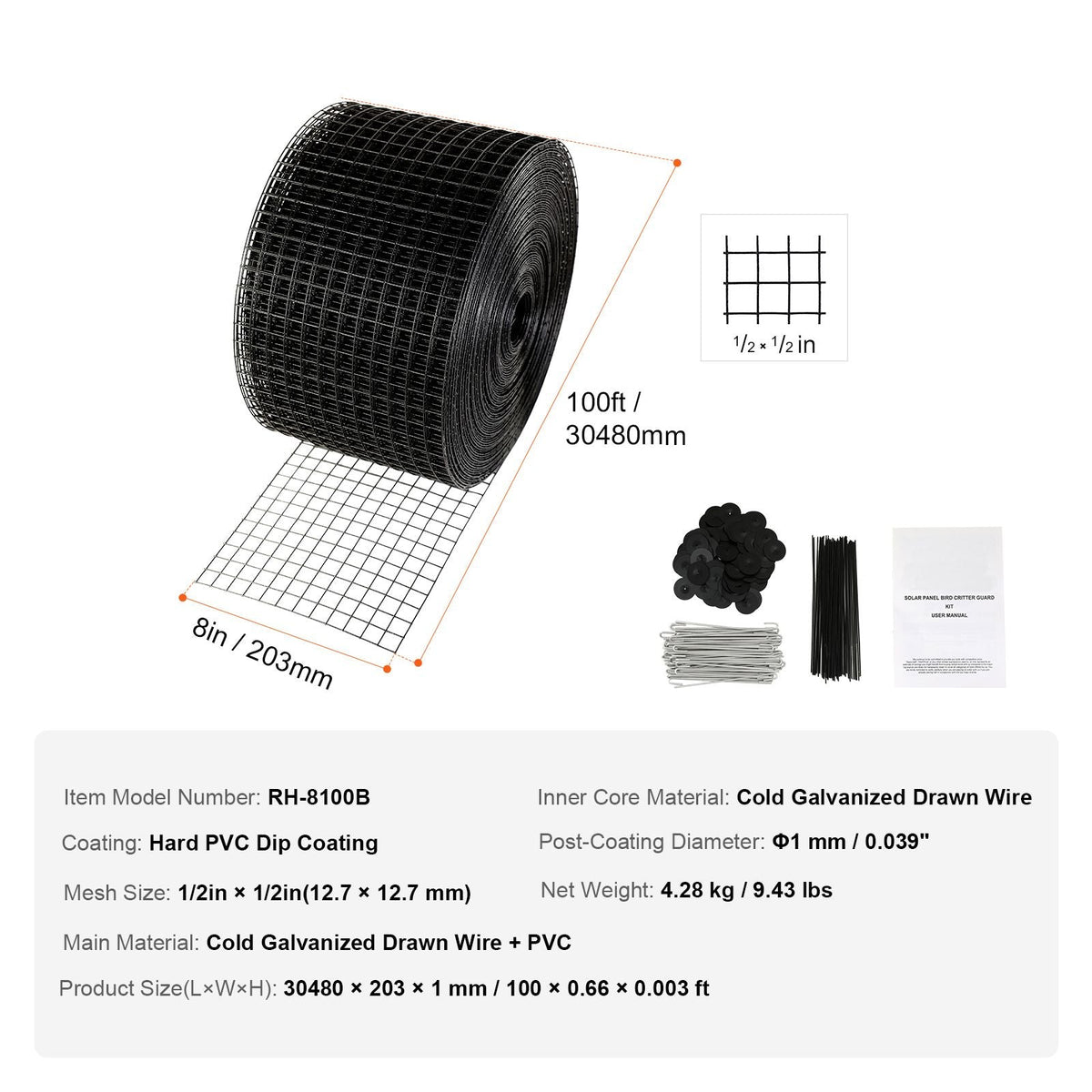 8 inch x 100ft Solar Panel Bird Guard, Critter Guard Roll Kit with 100pcs Aluminum Alloy Fasteners, Solar Panel Guard with Rust-proof PVC Coating, 1/2 inch Wire Roll Mesh