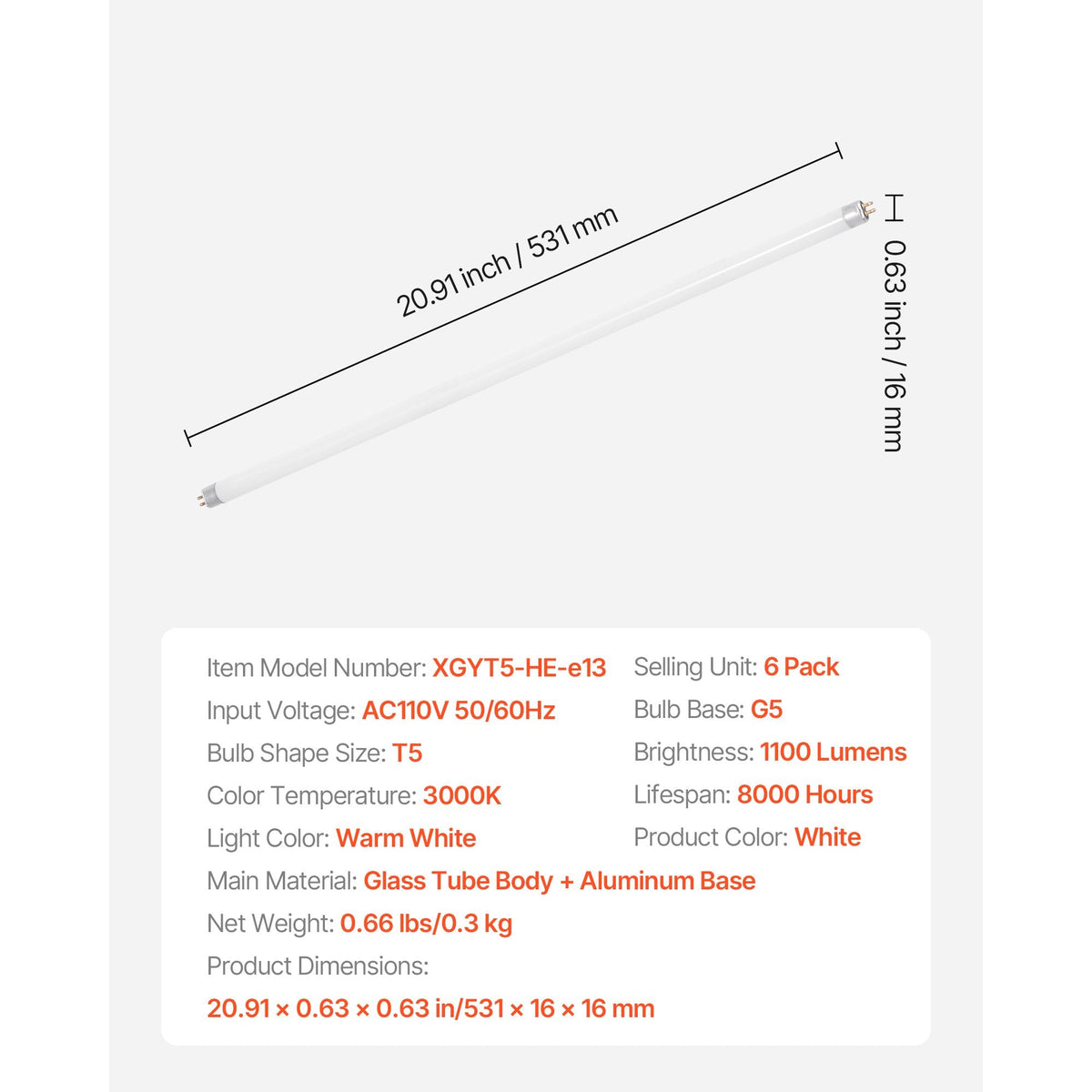 8 Pack T5 Fluorescent Light Bulbs, 21-Inch Linear, Fluorescent Tube Lamp with 3000K Warm White, 13 Watts, G5 Bi-Pin Base, 1100 Lumens, Replacement Bulb, for Under Cabinet Counter Fixture, Closet