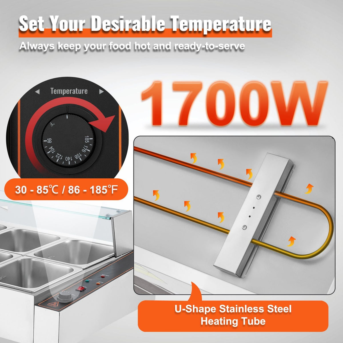 8-Pan Commercial Food Warmer, 8 x 8QT Electric Steam Table with Glass Cover, 1700W Countertop Stainless Steel Buffet Bain Marie 86-185 Fahrenheit Temp Control for Catering, Restaurants, Silver