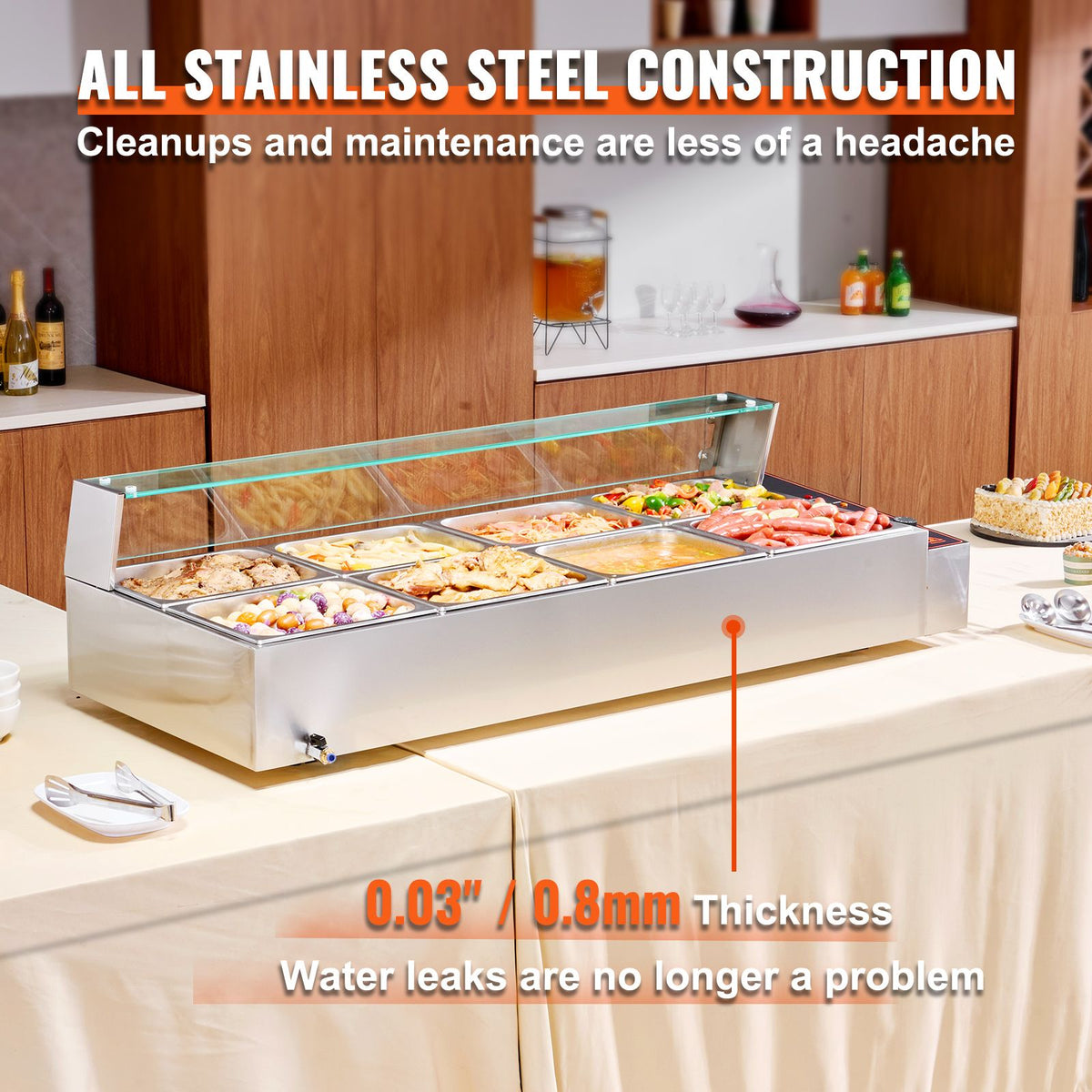 8-Pan Commercial Food Warmer, 8 x 8QT Electric Steam Table with Glass Cover, 1700W Countertop Stainless Steel Buffet Bain Marie 86-185 Fahrenheit Temp Control for Catering, Restaurants, Silver