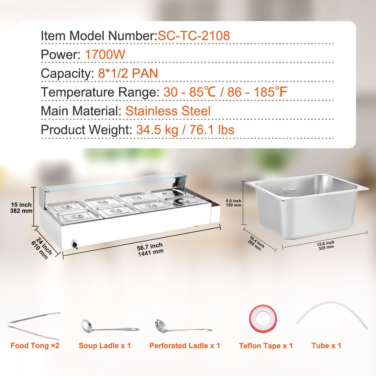 8-Pan Commercial Food Warmer, 8 x 8QT Electric Steam Table with Glass Cover, 1700W Countertop Stainless Steel Buffet Bain Marie 86-185 Fahrenheit Temp Control for Catering, Restaurants, Silver