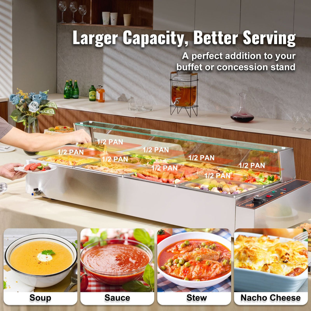 8-Pan Commercial Food Warmer, 8 x 8QT Electric Steam Table with Glass Cover, 1700W Countertop Stainless Steel Buffet Bain Marie 86-185 Fahrenheit Temp Control for Catering, Restaurants, Silver