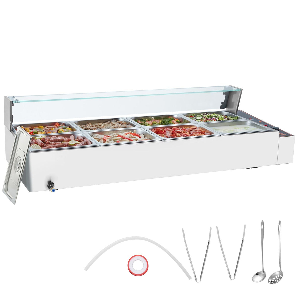 8-Pan Commercial Food Warmer, 8 x 8QT Electric Steam Table with Glass Cover, 1700W Countertop Stainless Steel Buffet Bain Marie 86-185 Fahrenheit Temp Control for Catering, Restaurants, Silver
