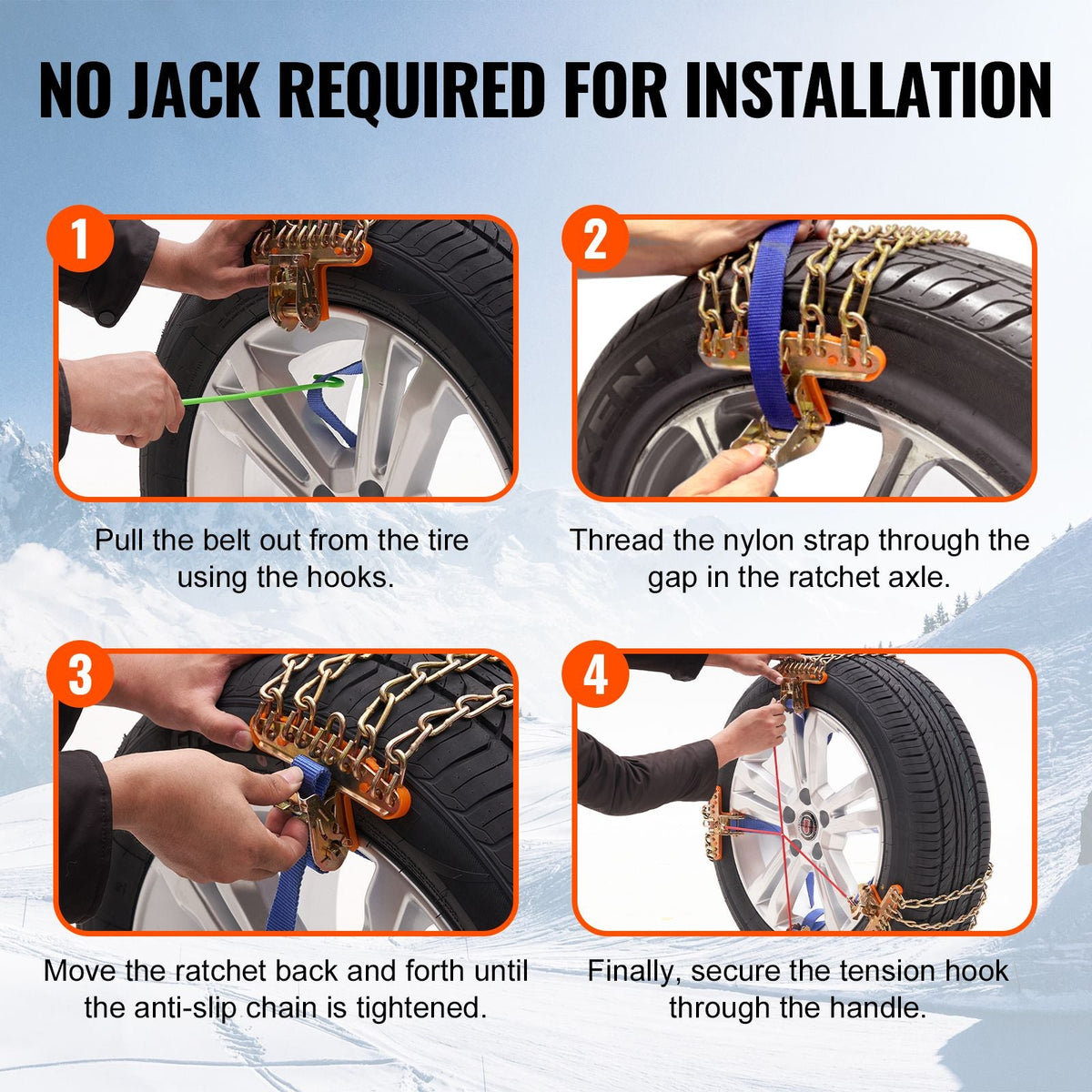 8 PCS Snow Chains, Tire Traction Wheel Chains for Tire Width 9.2-11.2 in/235-285 mm, Manganese Alloy Steel Emergency Tire Chains for Cars, Pickups, SUVs, and Trucks