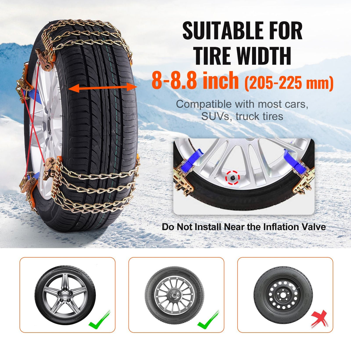 8 PCS Snow Chains, Tire Traction Wheel Chains for Tire Width 9.2-11.2 in/235-285 mm, Manganese Alloy Steel Emergency Tire Chains for Cars, Pickups, SUVs, and Trucks