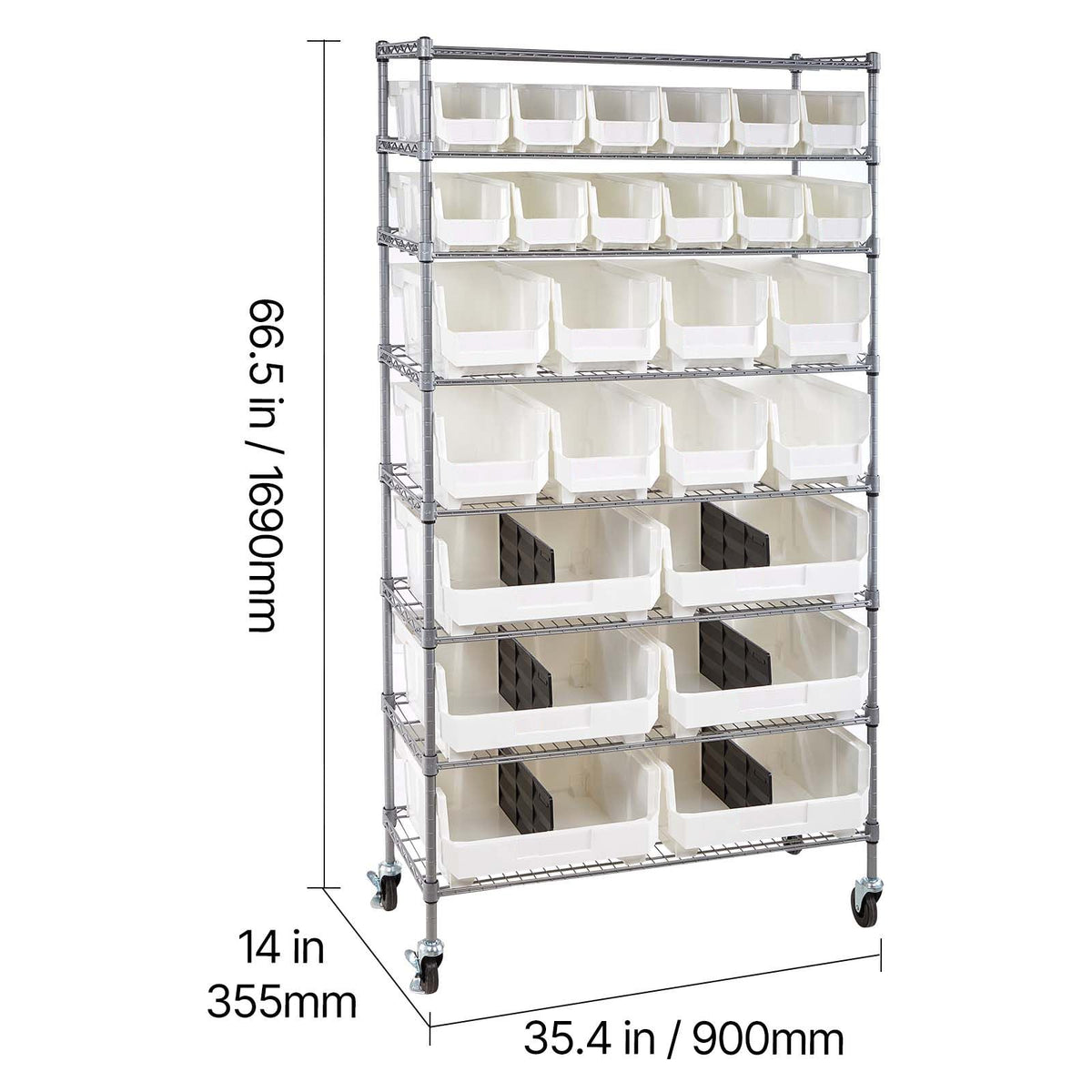 8-Tier Rolling Bin Storage Rack, 26 Organizer Bins, Bin Rack Storage Steel Wire Shelving System with Wheels, Mobile Tool Organizer for Garage, Warehouse, Office, Restaurant, Classroom, Kitchen