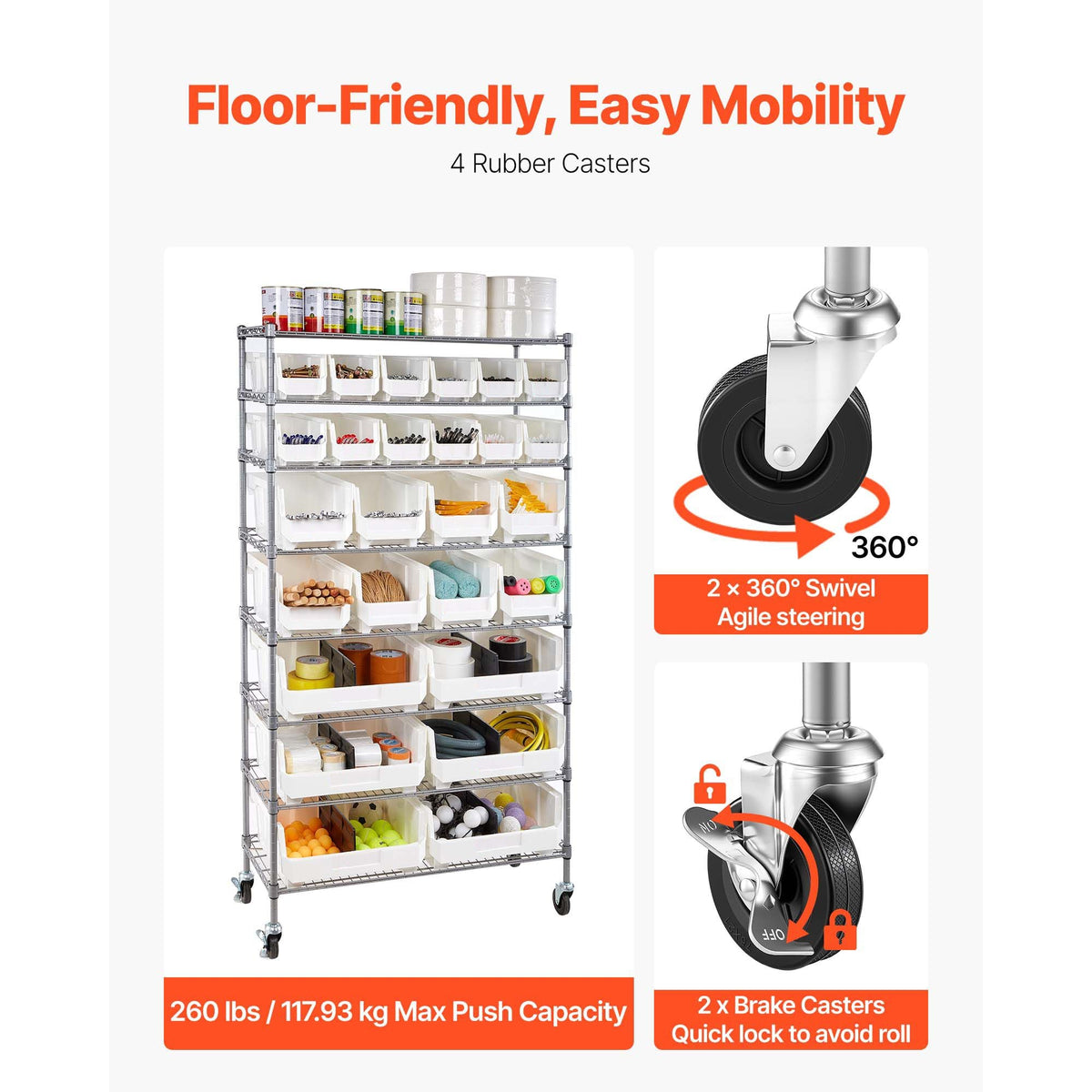 8-Tier Rolling Bin Storage Rack, 26 Organizer Bins, Bin Rack Storage Steel Wire Shelving System with Wheels, Mobile Tool Organizer for Garage, Warehouse, Office, Restaurant, Classroom, Kitchen