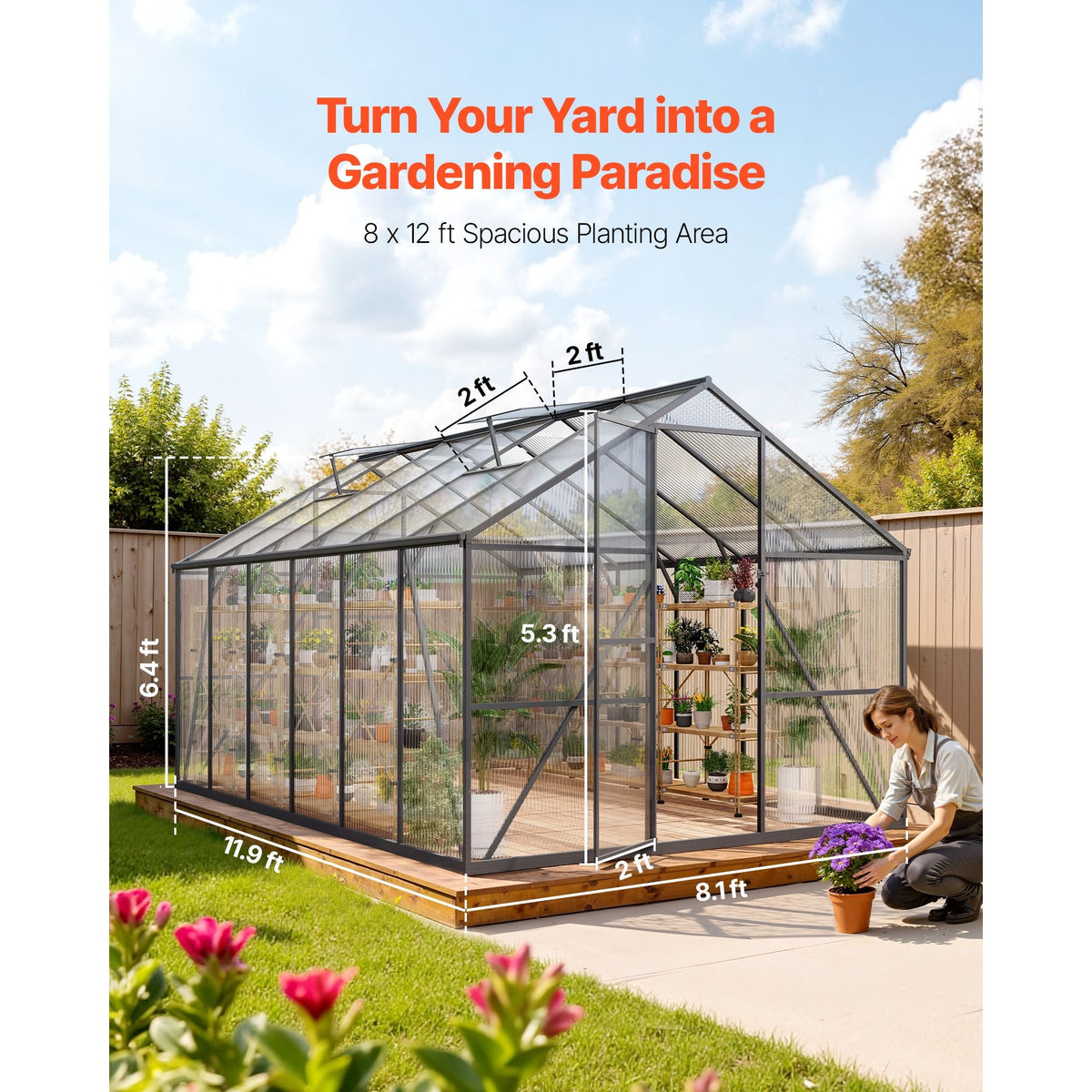 8 x 12 FT Polycarbonate Greenhouse, Heavy Duty Outdoor Green House with Adjustable Vent & Push-Pull Lockable Door, Quick Setup, Aluminum Frame Walk-in Greenhouse Sunroom for Outside Garden Lawn