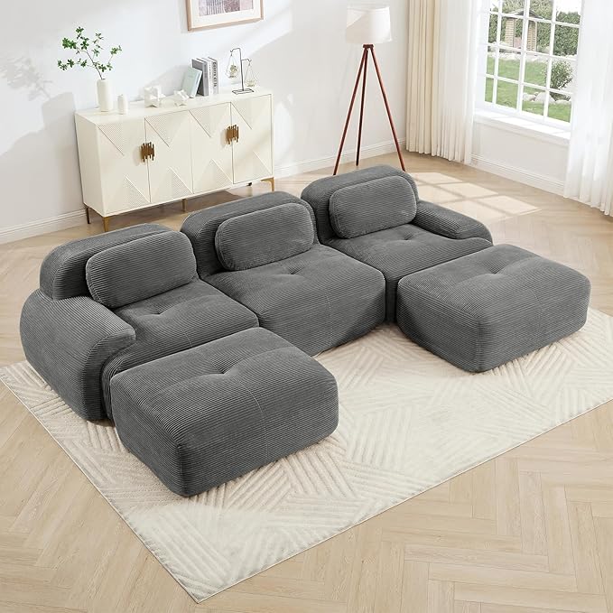 116" Modern Corduroy Cloud Sofa with Ottoman, U Shaped Boneless Modular Large Sectional Couches for Living Room, Gray 3 Seater Compressed Memory Foam Couch, Extra Deep Seat, No Assembly