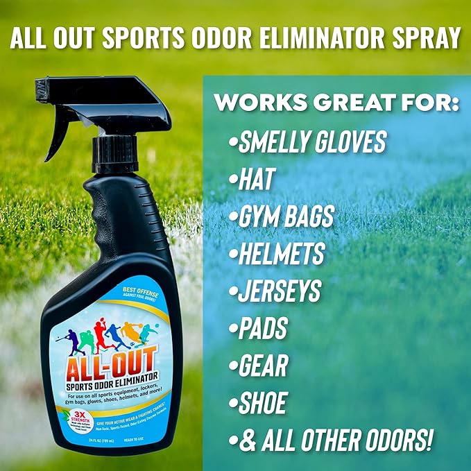 All-Out Sports Odor Eliminator Spray & Deodorizer | Perfect for Smelly Gloves, Hat, Bags, Helmets, Jerseys, Pads, Gear, Shoe & All Other Odors.| Best Formula | 24 oz Spray Bottle (AO503) | Fresh Scent