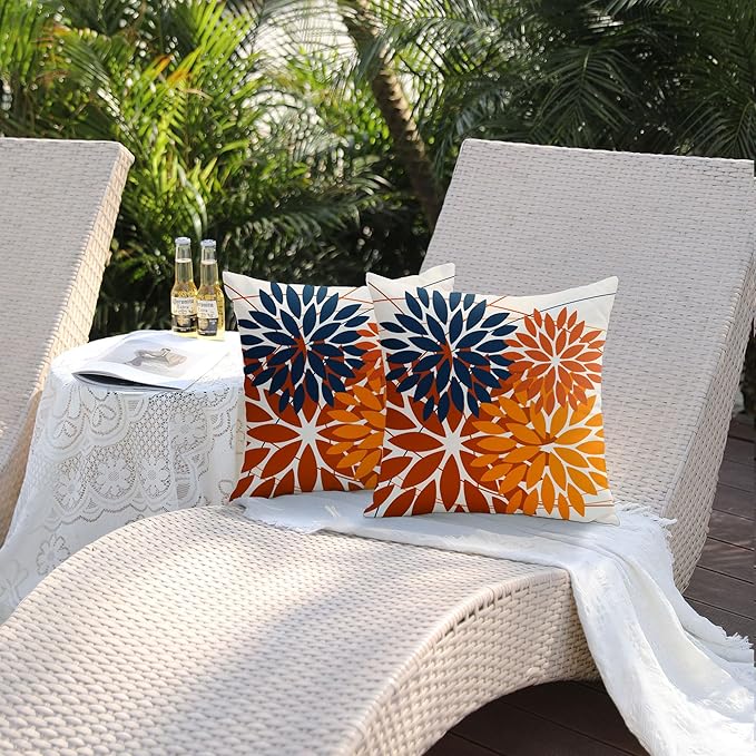 DFXSZ Outdoor Pillow Covers 20x20 Inch Set of 2 Blue Orange Flower Decorative Waterproof Summer Outdoor Fall Pillow Covers for Patio Funiture Garden Couch 168N20
