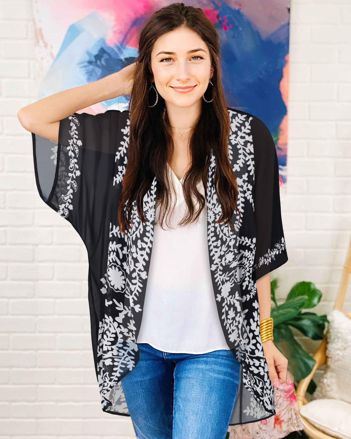 Womens Floral Kimono Cardigans Beach Cover Tops Loose Puff Sleeve Casual Blouse (C Black Flower, L)