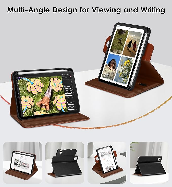 DTTO for iPad mini 7 A17 Pro 2024 aslo fit iPad mini 6 2021 Brown | 360 Degree Rotating Premium Faux Leather Folio Stand Cover with Pencil Holder Auto Sleep/Wake Multiple Angles Hand Strap
