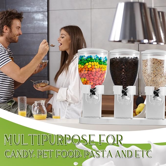 Umigy 1 Pack Triple Indispensable Dry Food Dispenser 67oz Each Capacity Cereal Container for Storage Preserving Dispensing Kitchen Rice Candy Nuts Dog Food Granola Snack Gumball Countertop (White)