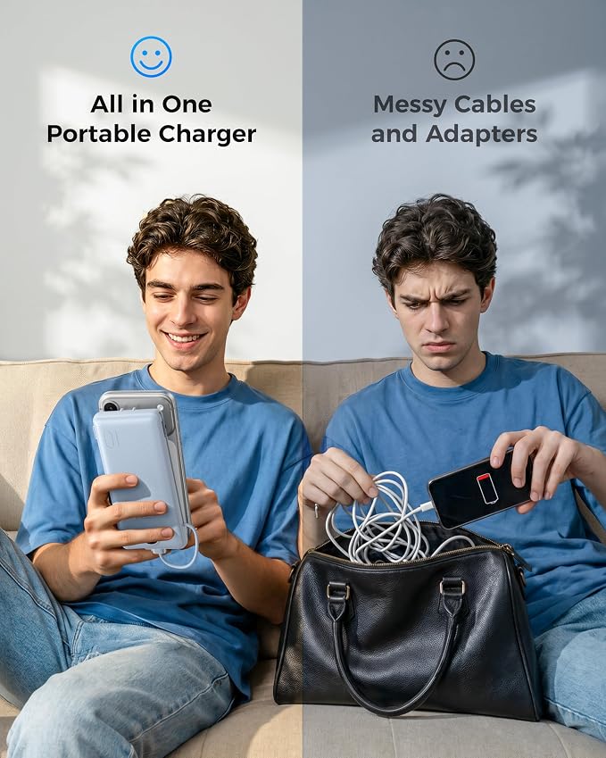 VEGER Portable Charger for iPhone Power Bank Built in Cable and Wall Plug | 10000mAhUltra Slim&ampCompact5 OutputsLED DisplayFlight-SafeTravel Essentials Battery Pack for iPhone 17iPad Samsun