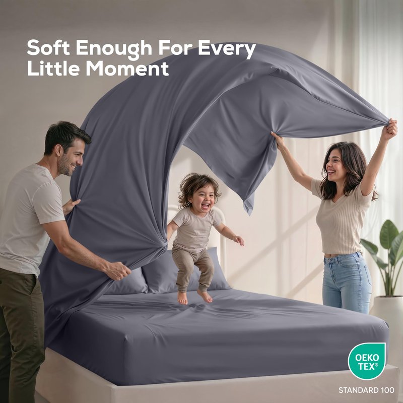 Queen Size Sheet Set – 4 Piece Bed Sheets, Soft and Breathable Microfiber, Includes 1 Fitted Sheet, 1 Flat Sheet and 2 Pillowcases – Oeko Tex (Grey)