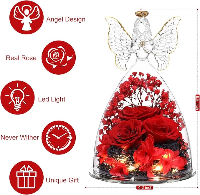 Ocosy Mothers Day Rose Gifts for her, Large Angel Rose Gifts for Women, Forever Real Roses in Angel Figurines, Angel Guardian with Roses Flower, Red