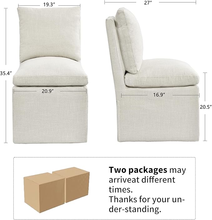 DUHOME Upholstered Armless Dining Chair with Casters,Linen Dining Chairs Set of 2 for Living Room,Single Sofa Chair with 4 Casters for Bedroom Reading Room Waiting Room Kitchen Dining Room