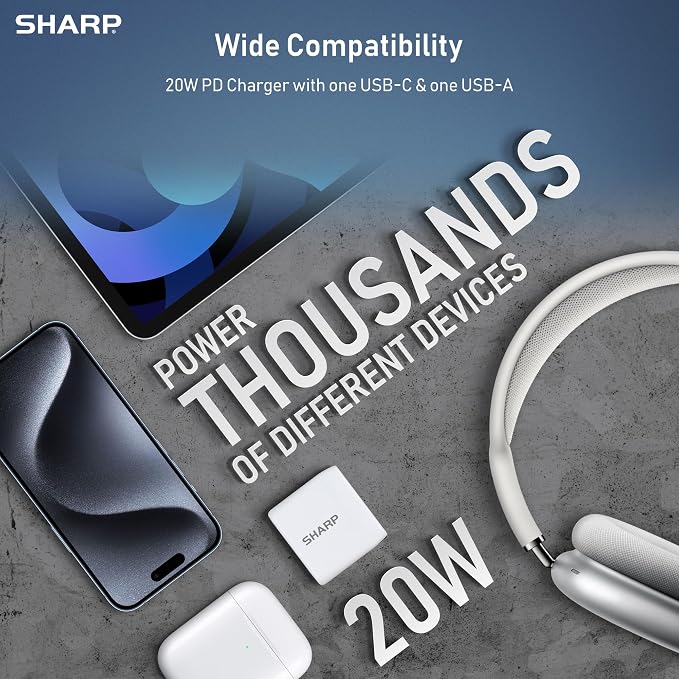 Sharp USB C Charger - 20W Dual Port (USB A+C) Compact Foldable GaN Fast Charge for iPhone 15/15 Pro/15 Pro Max/14/13/12 Pad Pro/AirPods and More Black GW-20PDA201U-BLK
