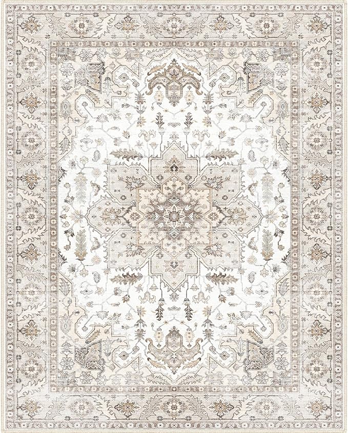 8x10 Area Rug, Vintage Washable Area Rugs, Non-Slip Rug for Bedroom, Distressed Soft Modern Low-Pile Carpet Stain Resistant, Dining Home Decor Office Boho Rug Brown…