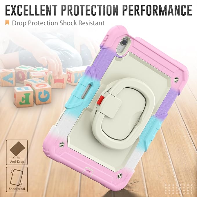 SCSVPN Kids Case for iPad Air 11 Inch M4 2026 / M3 2025 / M2 2024 Heavy Duty Shockproof Silicone Protective Case with Pencil Holder-Screen Protector-Rotating Stand-Handle-Shoulder Strap (Blue+Red)