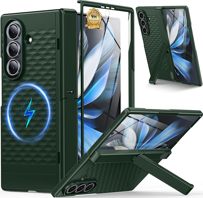 Magnetic for Samsung Galaxy Z Fold 7 Case+Screen Protector | [Hinge Protection] [Kickstand][Compatible with MagSafe] Full Body Protective Phone Case for Galaxy Z Fold 7 Gold