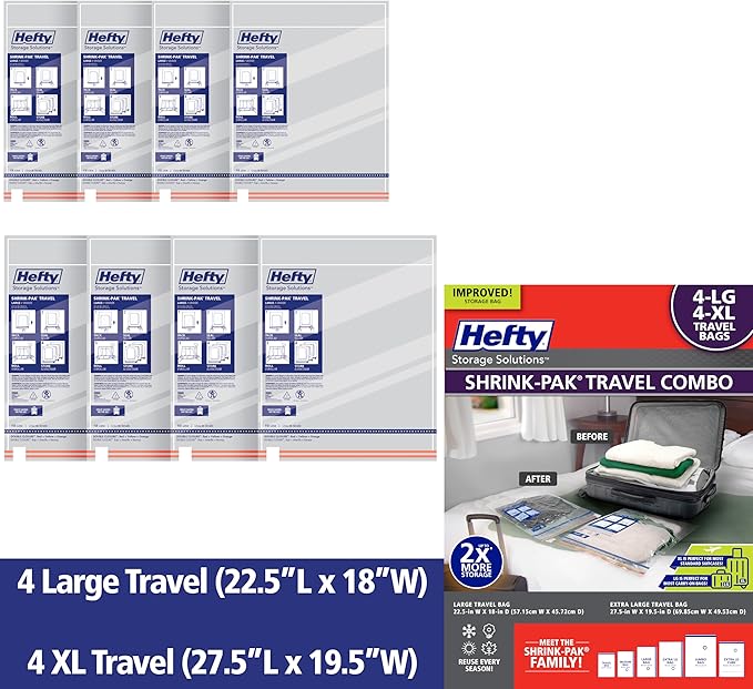 Hefty Shrink-Pak Travel Storage Bags – For Clothes, Pillows, Towels, Blankets & More – Space Saver Suction Sealer Bags for Luggage or Moving – 4 Large, 22.5x18 Inches, 4 XL, 27.5x 19.5 Inches