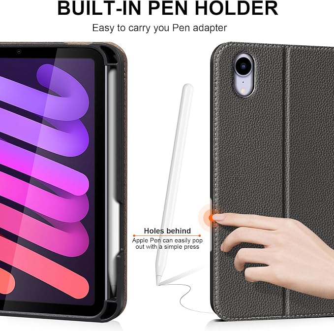 Case for iPad Mini7(A17 Pro) 2024/6th 2021 8.3 with Pencil Holder | Leather Protective Shockproof Smart Cover Adjustable Stand Auto Wake/Sleep Multiple View Angles Black