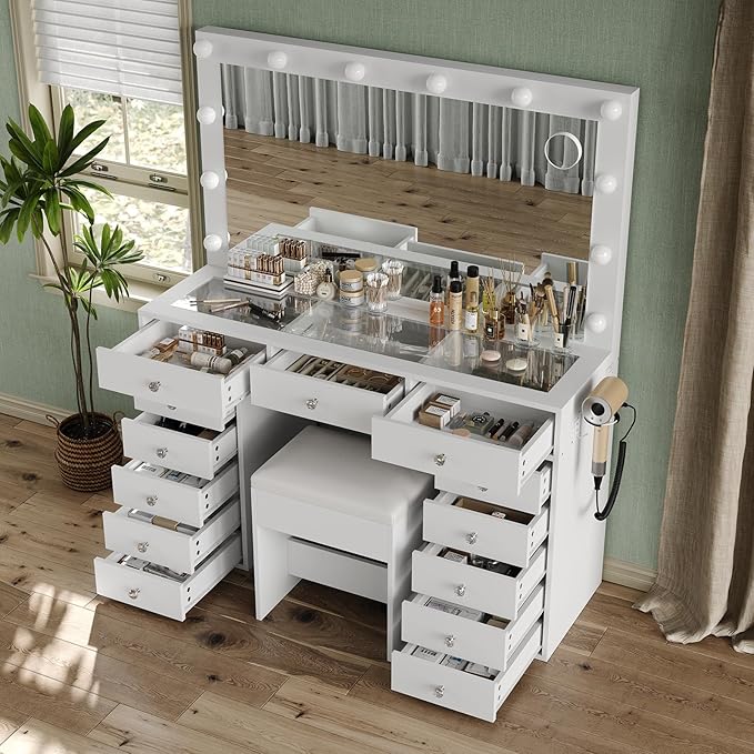 Vanity Desk with Mirror and Lights, 13 Drawers Makeup Vanity with Glass Top, 3 Color Lighting Modes, Makeup Vanity with Chair for Bedroom (White)