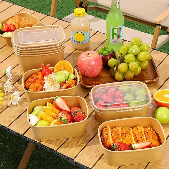 50-Pack 34oz Kraft Paper Bowls, Disposable Meal Prep Containers with Lids and Forks, Food Prep Containers To Go Food Containers Deli Containers for Take-out, Meal Prep, World Cup Party Supplies