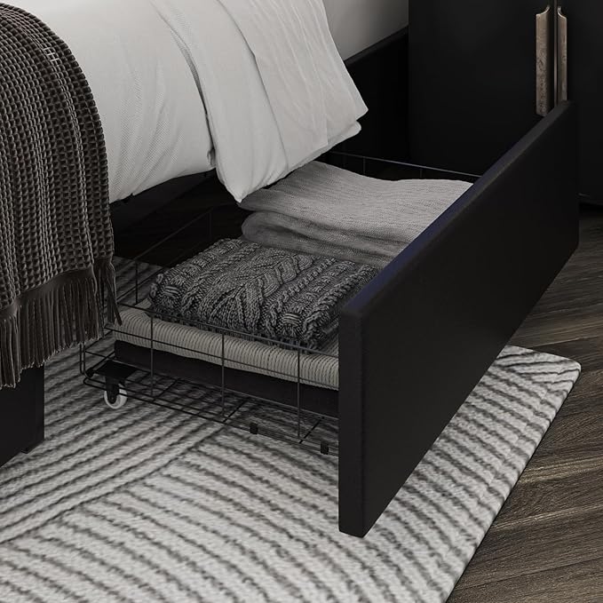 Full Size Bed Frame with RGB LED Lights Headboard & 2 Storage Drawers, Modern Upholstered Faux Leather Smart Platform Bed with Iron Metal Decor, USB & USB-C Charging Ports, No Box Spring Needed, Black