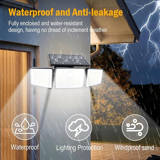 daphino 2500LM Solar Lights Outdoor with Motion Sensor,3 Head 270° Wide Angle Street Area Lights,IP65 Waterproof Security Lighting with 3 Modes(Remote,2 Pcs)