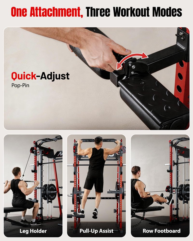 Mikolo M4 2.0 Ultra Smith Machine, Multi-Function Squat Rack with LAT-Pull Down System & Cable Crossover Machine, Training Equipment with Leg Hold-Down Attachment, Red