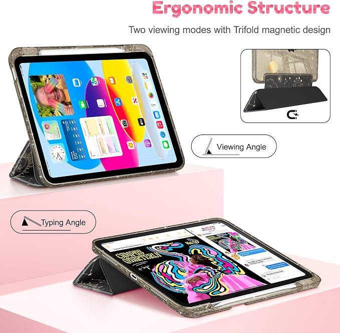 for iPad Air 11 inch M4/M3/M2 (2026/2025/2024) iPad Air 5th/4th Gen (2022/2020) 10.9 inch with Pencil Holder Glitter Clear Pretevtive Cover Auto Wake/Sleep Black Cartoon Stickers