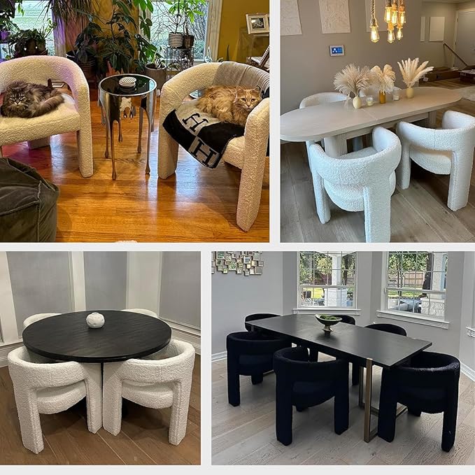Modern Sherpa Dining Chairs Set of 8, Upholstered Barrel Chairs with Arms Comfy Accent Side Chairs for Living Room/Dining Room/Reception, White