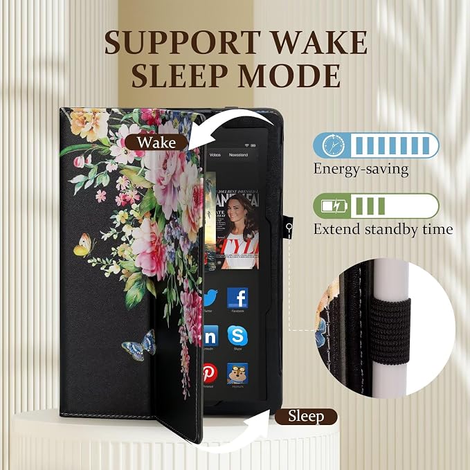 Fancity Case for Kindle Fire HD 10/10 Plus 13th/11th Generation 2023/2021 | Premium PU Leather Protective Case with Adjustable Angles Auto Wake/Sleep Hand Strap for Fire HD 10/10 Plus Black Floral