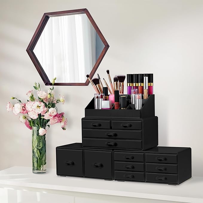 Sorbus Large Makeup Organizer - Stackable Jewelry & Makeup Organizer For Vanity, Bathroom Storage, Dresser - 12 Drawers Cosmetic Beauty Organizers and Storage with Lipstick, Makeup Brush Holder
