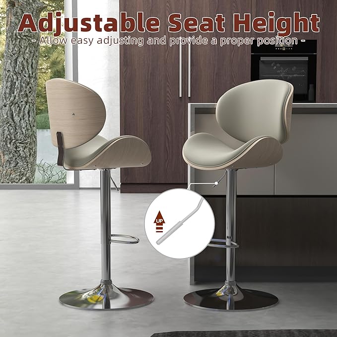 civama Bar Stools 1 PC for Kitchen Counter, Adjustable Bar Height Chairs, Modern Swivel Barstools with Bentwood Seat and Back with Footrest for Kitchen Island, Dining Room, Grey PU Leather