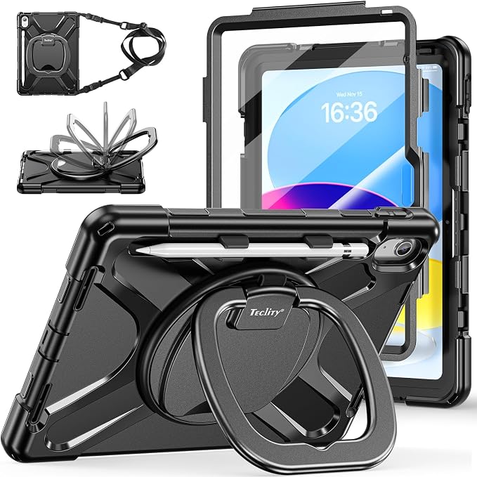 Case for iPad (A16) 11th/10th Generation - 2025/2022 (11″/10.9″) | 4 Layers Drop Protection iPad Case with Screen Protector 360° Rotating Stand Shoulder Strap Pencil Holder Black