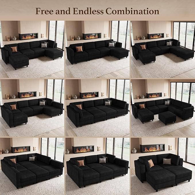 9 Seat Modular Sectional Sofa Sleeper Couch with Deep Storage Seat Corduroy Sectional Sofa Bed for Living Room,Black