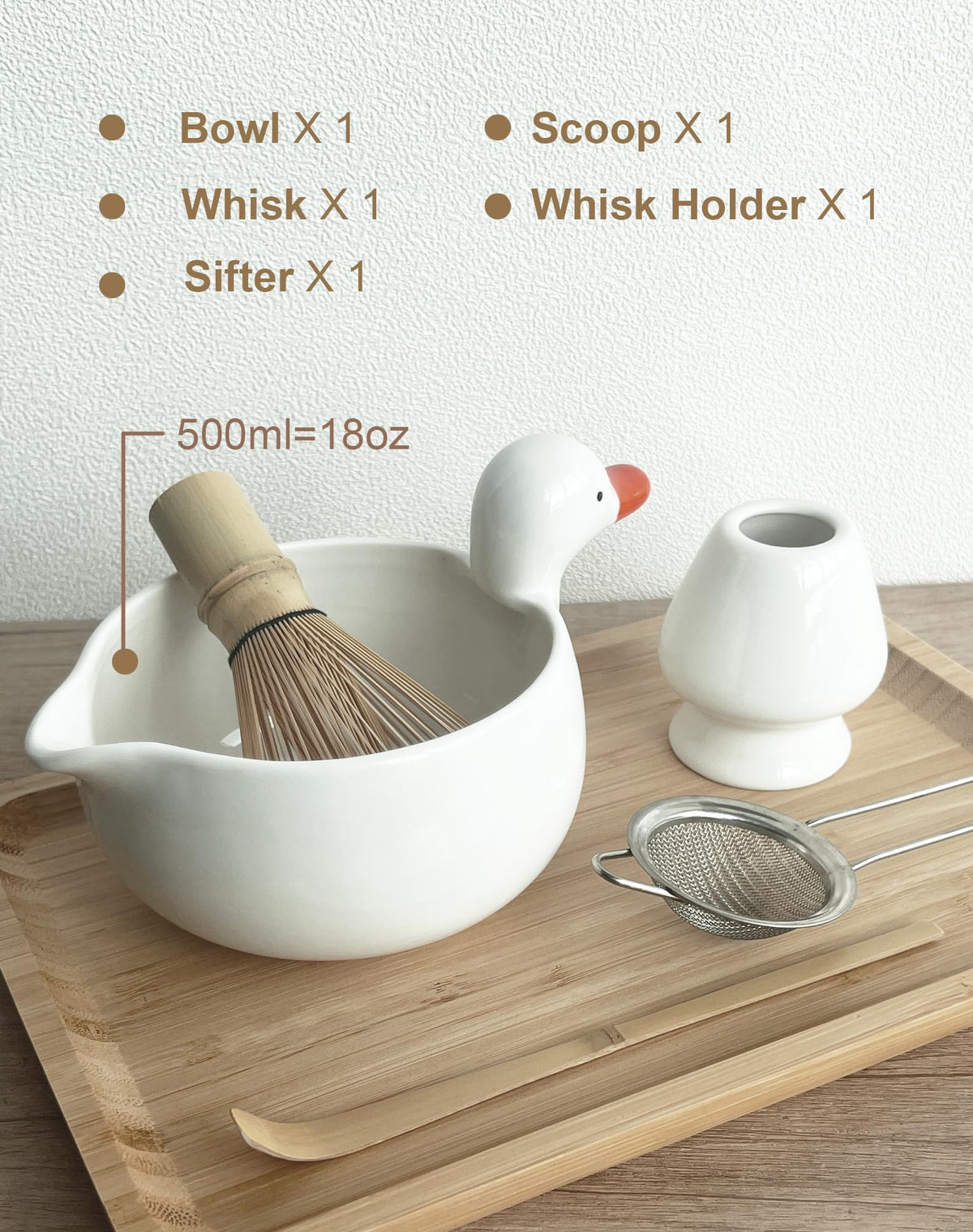 Matcha Whisk Set, Matcha Set with Cute Duck Inspired Matcha Bowl with Spout & Handle, Bamboo Whisk (Chasen), Holder, Scoop, Sifter, Complete Matcha Kit for Latte, Gifts