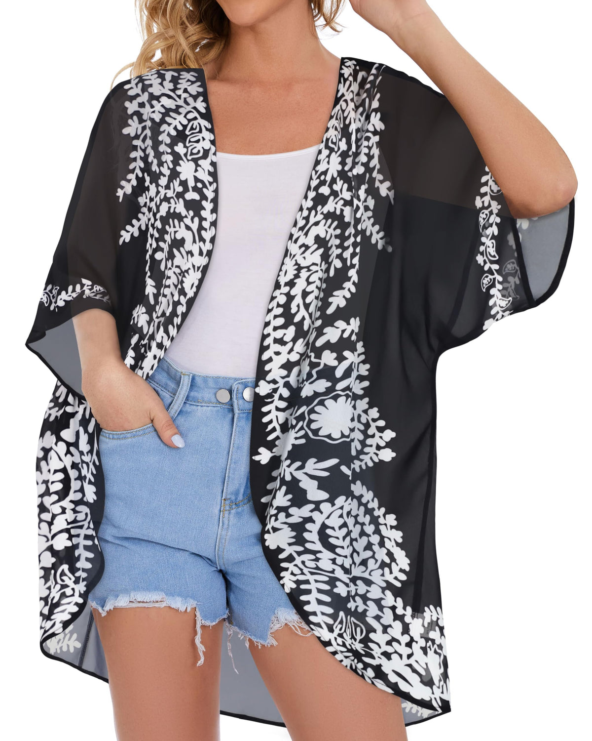 Womens Floral Kimono Cardigans Beach Cover Tops Loose Puff Sleeve Casual Blouse (C Black Flower, L)