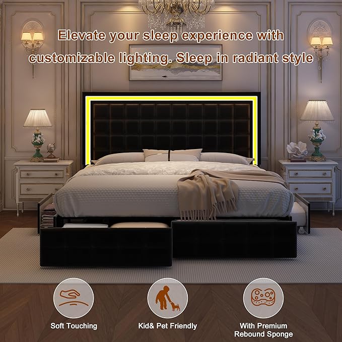 King Bed Frame with LED Lights & Storage Drawers, No Box Spring Needed, Heavy Duty 900lbs Weight Capacity, Easy Assembly, Modern Upholstered Platform Bed, Velvet Black