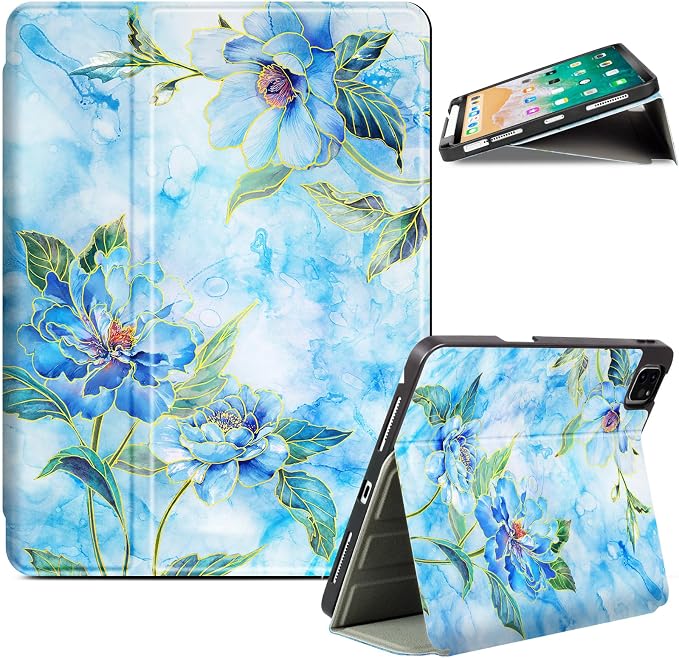 Vimorco for iPad Air 11 Inch Case M4/M3/M2 iPad Air 5th/4th Gen 10.9 Inch Cases Multi Angle Case for iPad Pro 11 Inch 4th/3rd/2nd/1st Generation Pencil Holder&ampAuto Wake&ampFoldable Blue Flowe