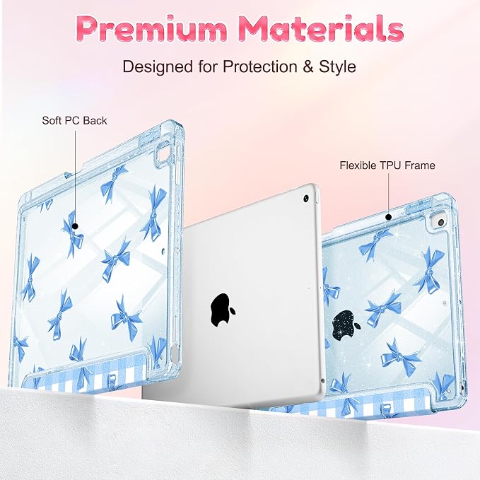 Mektron Sparkly Case for iPad 10.2 inch Glitter Tablet Cases for iPad 9th Gen 2021/8th Gen 2020/7th Gen 2019 Cover with Shiny Clear Back Shell Foldable Bling Smart Cover Blue Floral