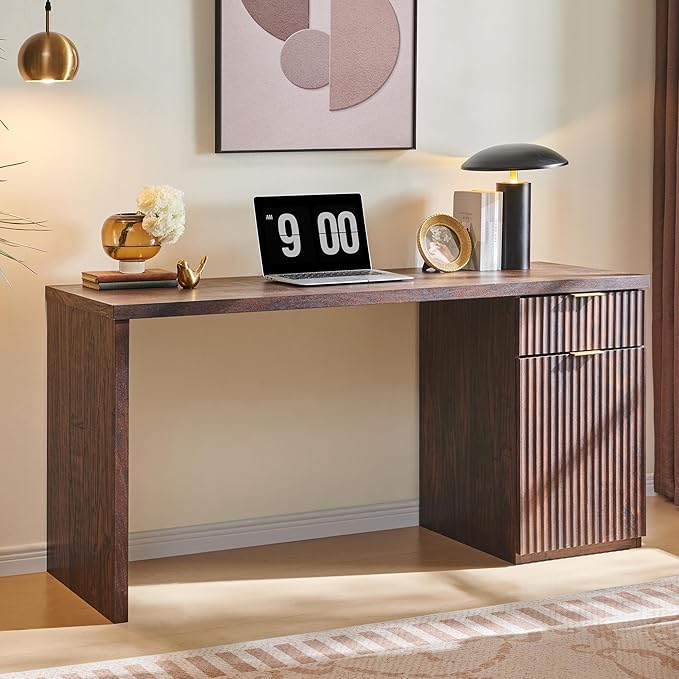 JXQTLINGMU 60" Modern Executive Desk with Storage, Wood Home Office Desk with Drawer & Cabinet, Fluted Computer Writing Desk for Study, Living Room, Bedroom, Dark Walnut