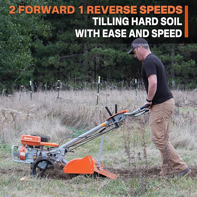 NOVUS 18-Inch Dual Direction Rear Tine Tiller, 212cc 4-Cycle Gas Engine, Full Gear Transmission, Dual Rotating Tines, Airless Tires Gas Tiller for Small to Large Gardens